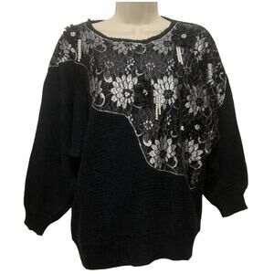 Vintage Carducci Black Lace Pearl Embellished Sweater Small 80s Glam